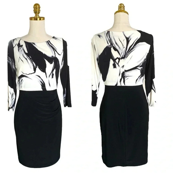 RALPH LAUREN Women’s Black White Floral Top 3/4 Sleeve Office Siren Dress Sz 6P - Picture 4 of 9